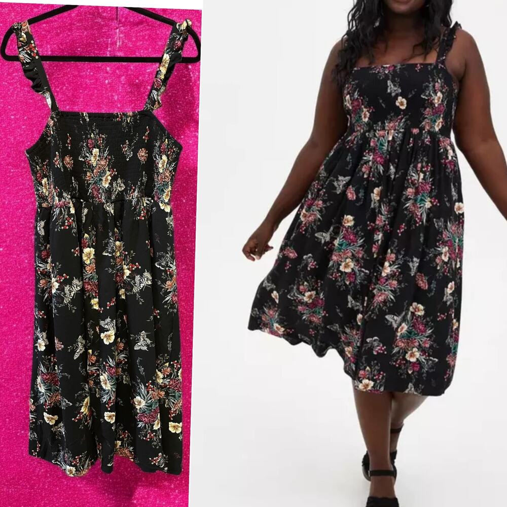 Torrid Size 00 Black Butterfly Floral Smocked‎ Challis Midi Sun Dress w/Pockets